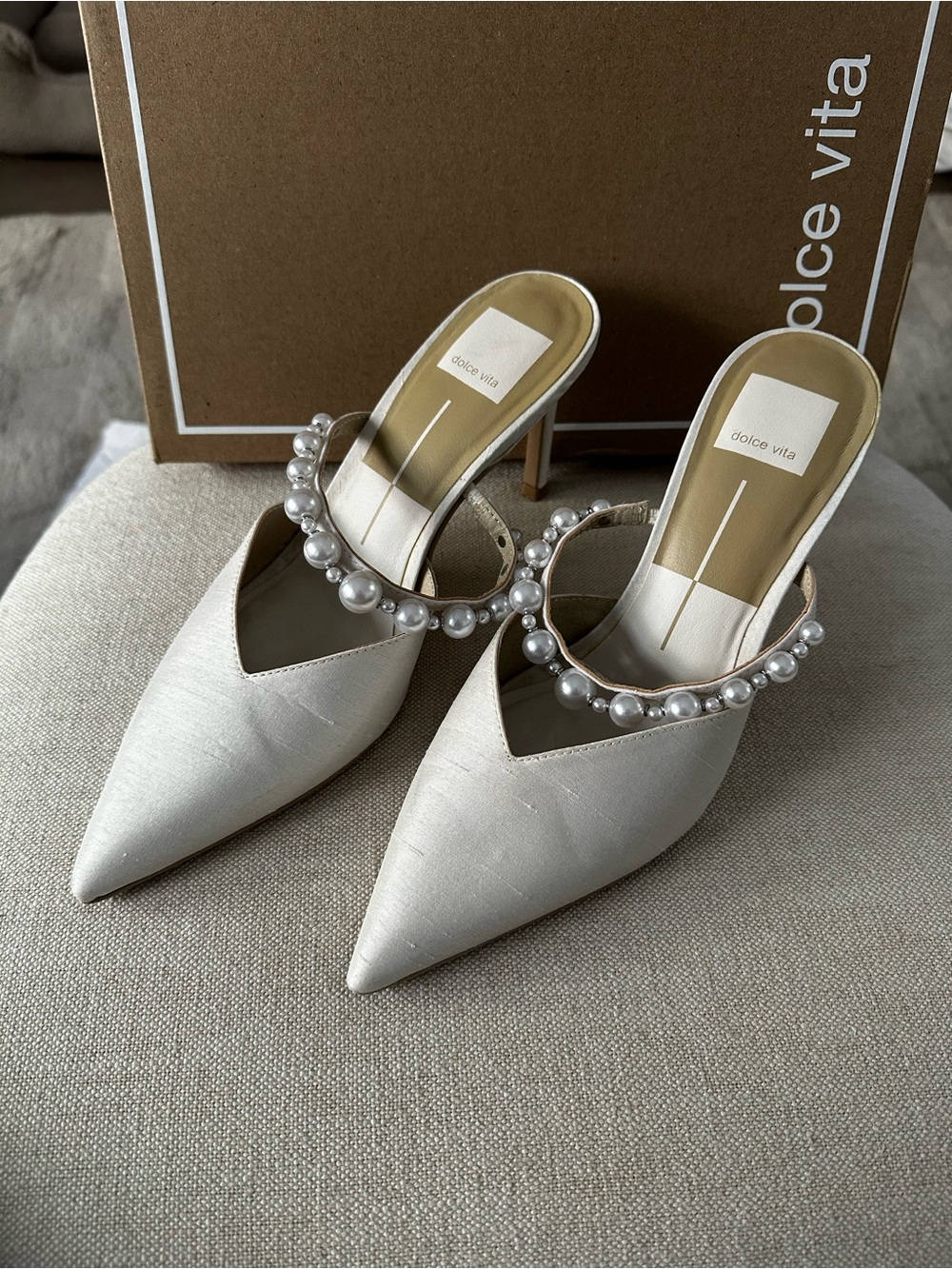 Dolce Vita Ivory Pointed Pearl-Trim Mule